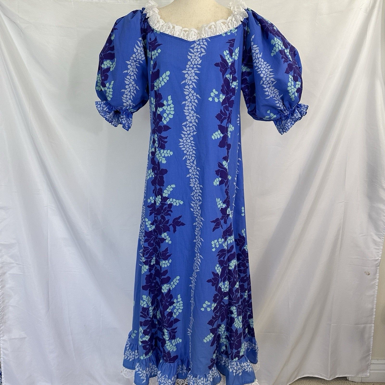Vintage Hawaiian Maxi Dress Women Floral Puff Sleeve Long Luau Lace S/M